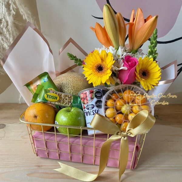 CANASTA DE FLORES Y FRUTAS