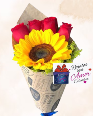 Bouquet de 1 girasol y 4 rosas